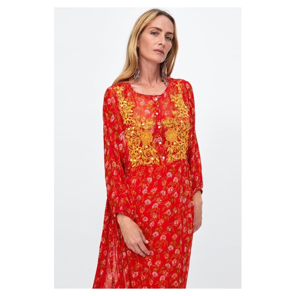 Zara Red Flowy Embroidered Dress - Picture 4 of 9